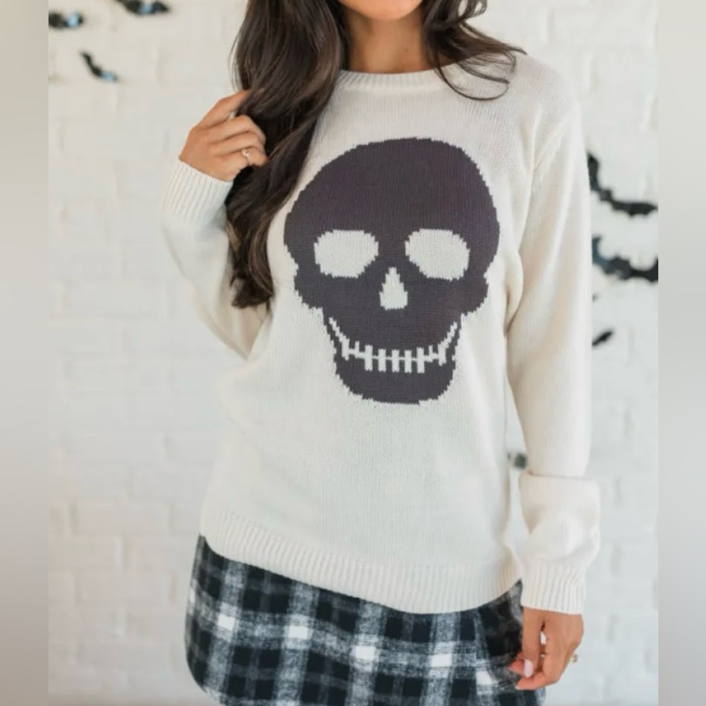Skull- Bad to the Bone by Pink Lily Cream Knit Sweater Women’s Size Large NWT